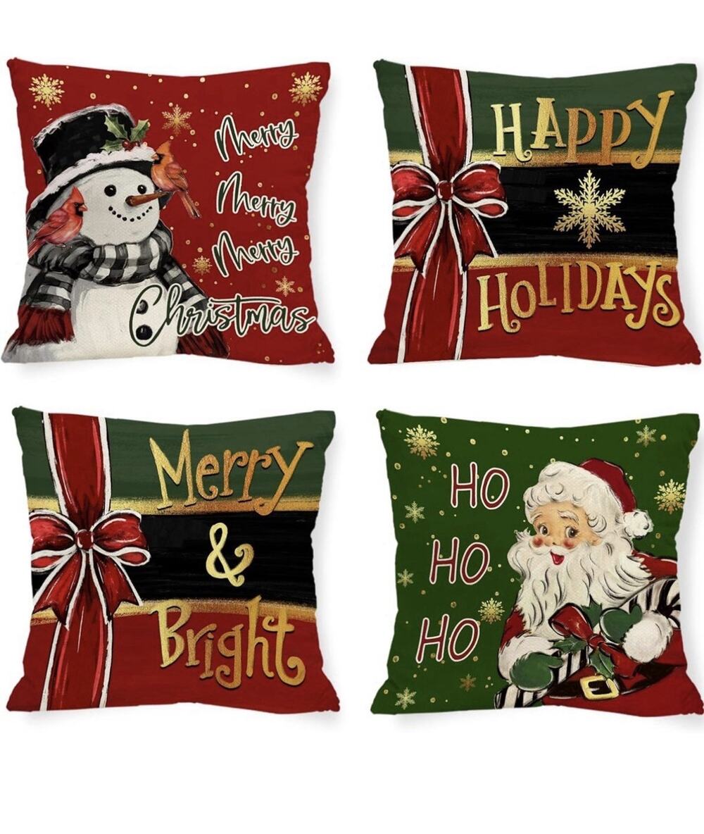 4 Pc Christmas Pillow Covers Santa Claus Snowman 18 x 18